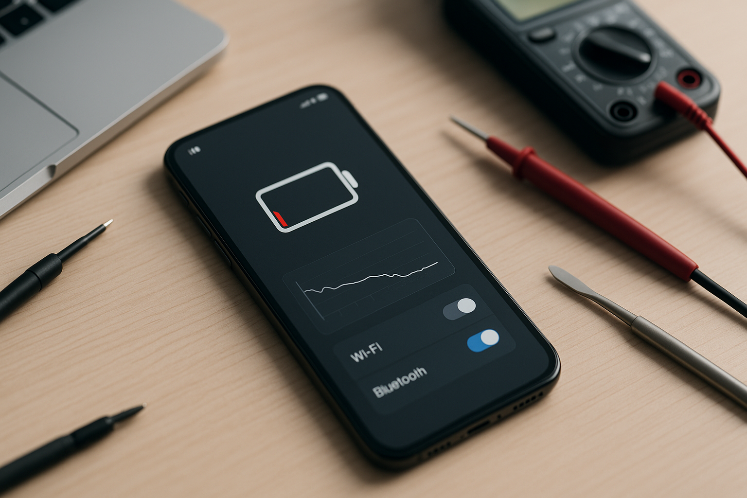 smartphone with low battery icon on screen next to repair tools — We Fix Wireless battery diagnosis and replacement
