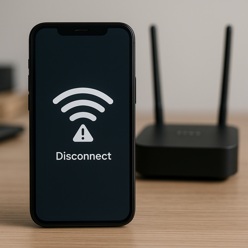 smartphone showing Wi-Fi disconnect warning next to dual-antenna router — We Fix Wireless diagnostics