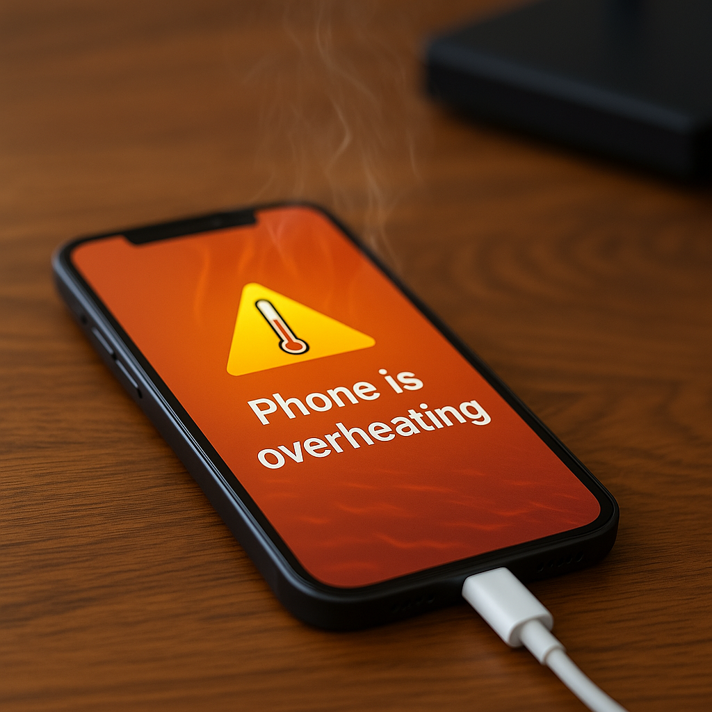 smartphone on wooden desk showing overheating warning while charging — We Fix Wireless thermal diagnostic